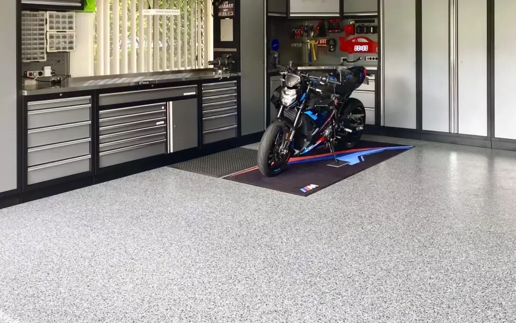 garage epoxy flooring Stockton CA flake system